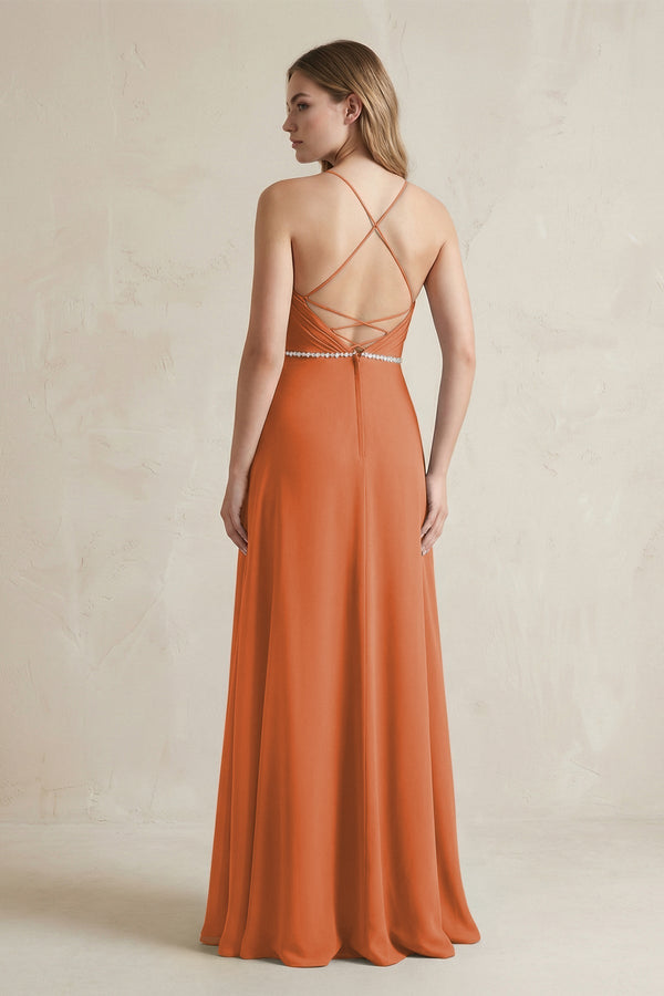 Chiffon A - Line Ruched Cami Strap Bridesmaid Dress in Terracotta - KissProm Bridesmaid Dresses