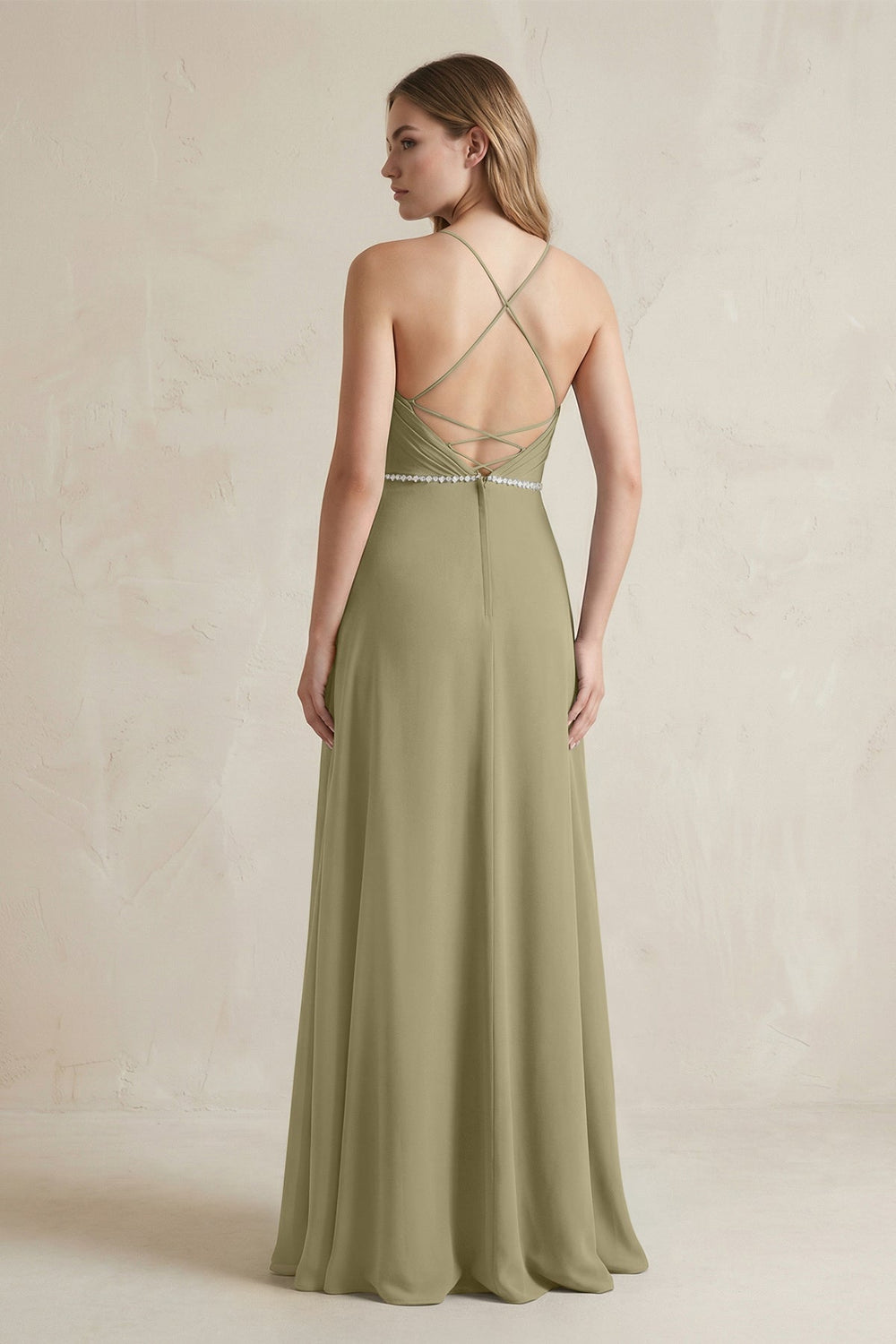 Chiffon A - Line Ruched Cami Strap Bridesmaid Dress in Thyme - KissProm Bridesmaid Dresses