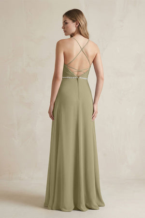 Chiffon A - Line Ruched Cami Strap Bridesmaid Dress in Thyme - KissProm Bridesmaid Dresses