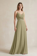 Chiffon A - Line Ruched Cami Strap Bridesmaid Dress in Thyme - KissProm Bridesmaid Dresses