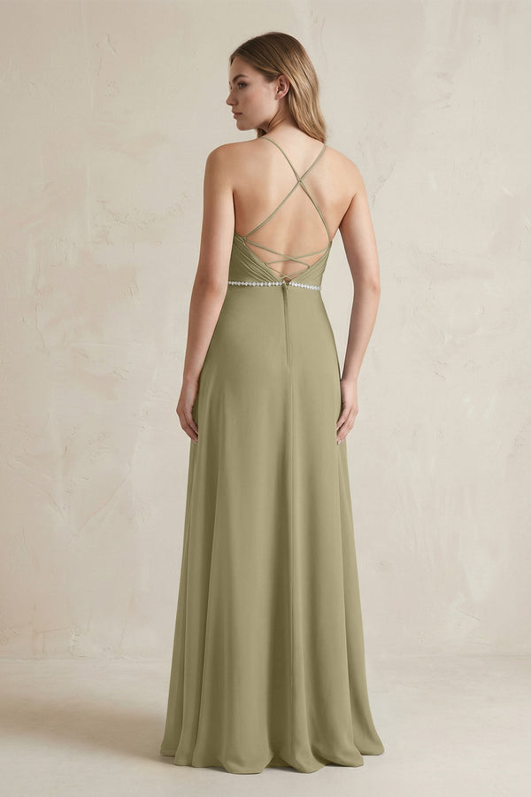 Chiffon A - Line Ruched Cami Strap Bridesmaid Dress in Thyme - KissProm Bridesmaid Dresses