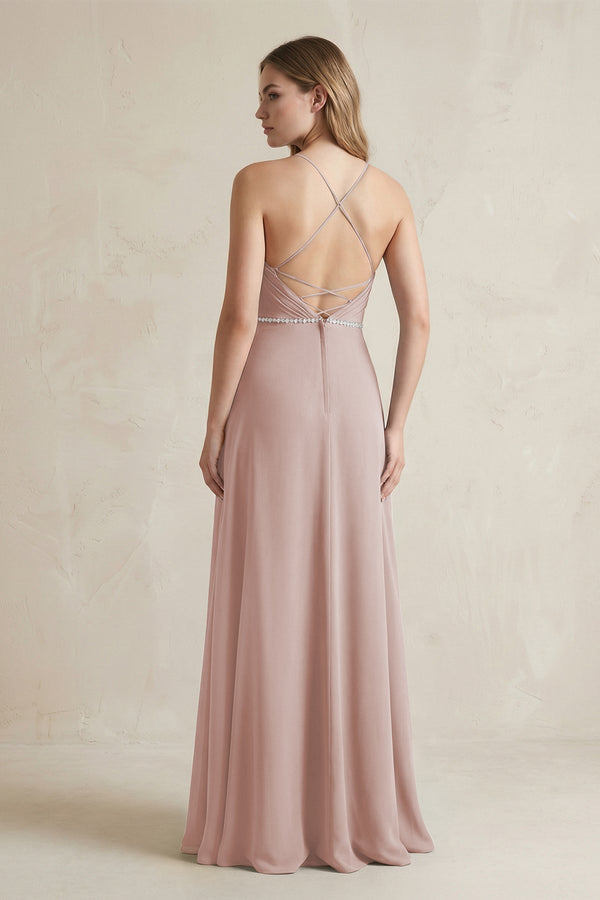 Chiffon A - Line Ruched Cami Strap Bridesmaid Dress in Toffee - KissProm Bridesmaid Dresses