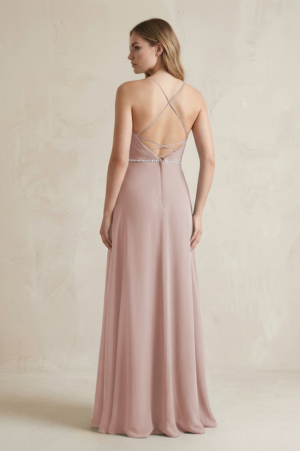 Chiffon A - Line Ruched Cami Strap Bridesmaid Dress in Toffee - KissProm Bridesmaid Dresses