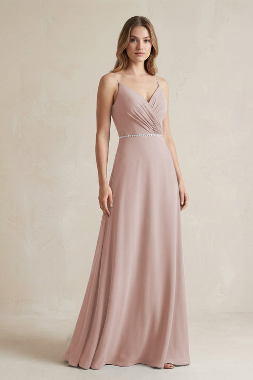 Chiffon A - Line Ruched Cami Strap Bridesmaid Dress in Toffee - KissProm Bridesmaid Dresses