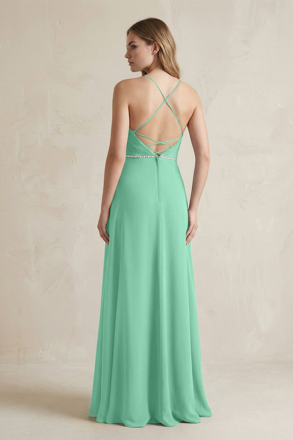 Chiffon A - Line Ruched Cami Strap Bridesmaid Dress in Turquoise - KissProm Bridesmaid Dresses