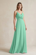 Chiffon A - Line Ruched Cami Strap Bridesmaid Dress in Turquoise - KissProm Bridesmaid Dresses