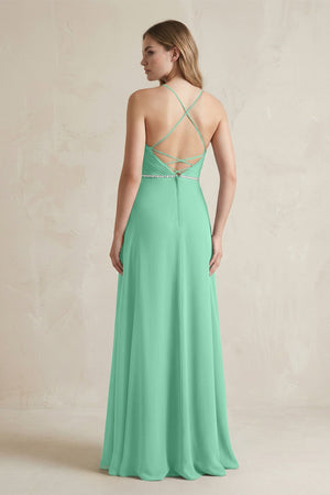 Chiffon A - Line Ruched Cami Strap Bridesmaid Dress in Turquoise - KissProm Bridesmaid Dresses