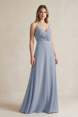 Chiffon A - Line Ruched Cami Strap Bridesmaid Dress in Twilight - KissProm Bridesmaid Dresses