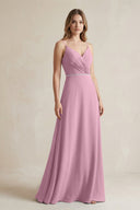 Chiffon A - Line Ruched Cami Strap Bridesmaid Dress in Vintage Mauve - KissProm Bridesmaid Dresses