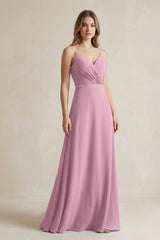 Chiffon A - Line Ruched Cami Strap Bridesmaid Dress in Vintage Mauve - KissProm Bridesmaid Dresses