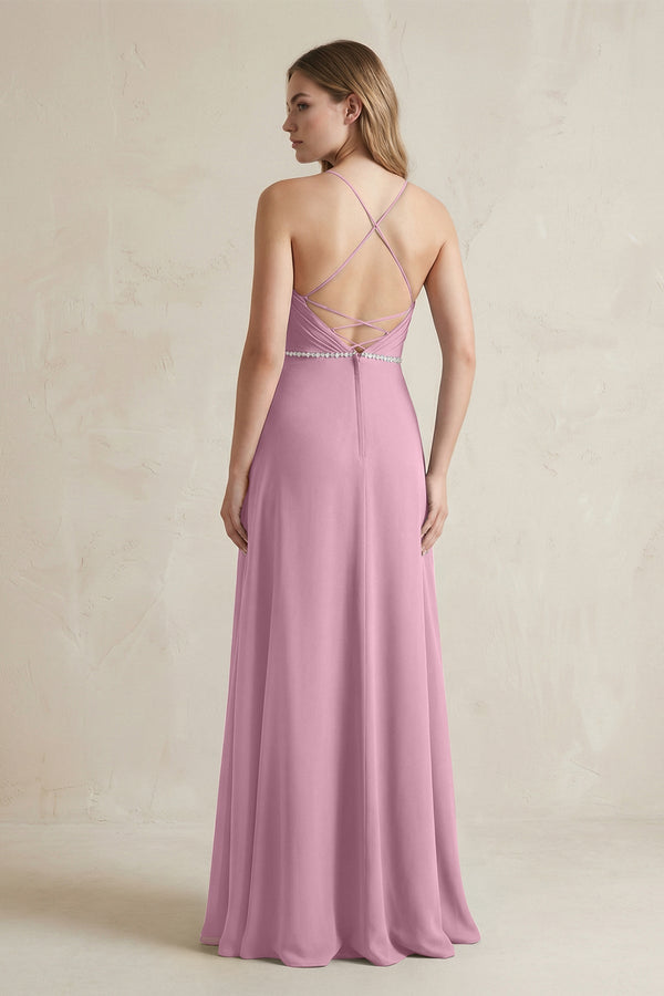 Chiffon A - Line Ruched Cami Strap Bridesmaid Dress in Vintage Mauve - KissProm Bridesmaid Dresses