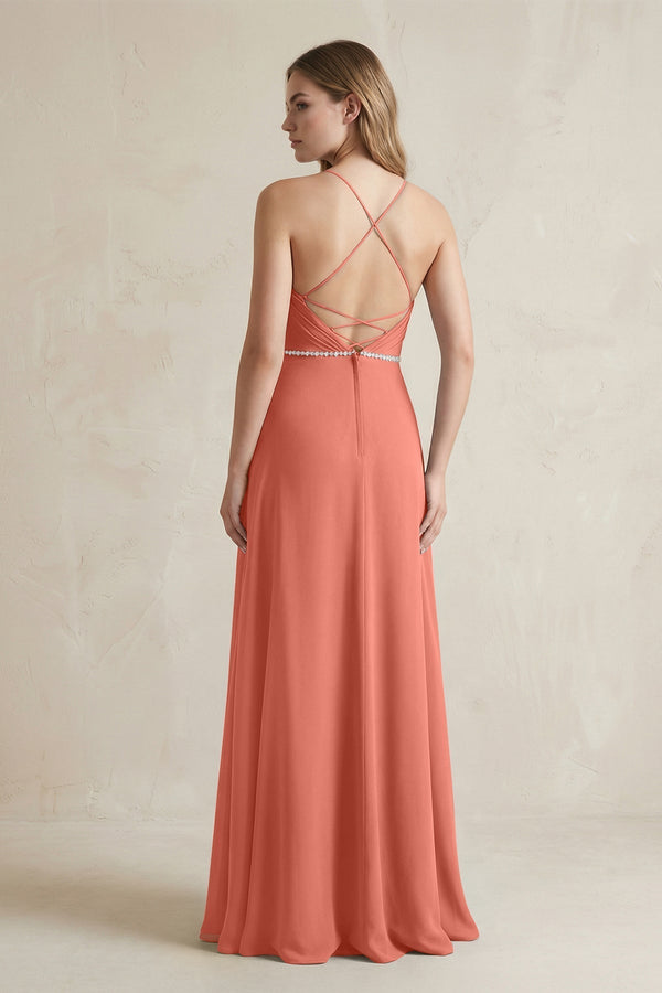 Chiffon A - Line Ruched Cami Strap Bridesmaid Dress in Wild Rose - KissProm Bridesmaid Dresses