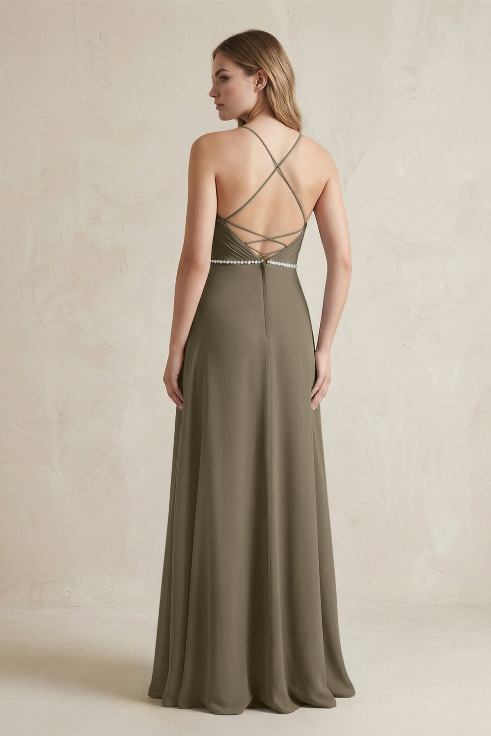 Chiffon A - Line Ruched Cami Strap Bridesmaid Dress in Willow Green - KissProm Bridesmaid Dresses