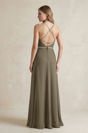 Chiffon A - Line Ruched Cami Strap Bridesmaid Dress in Willow Green - KissProm Bridesmaid Dresses