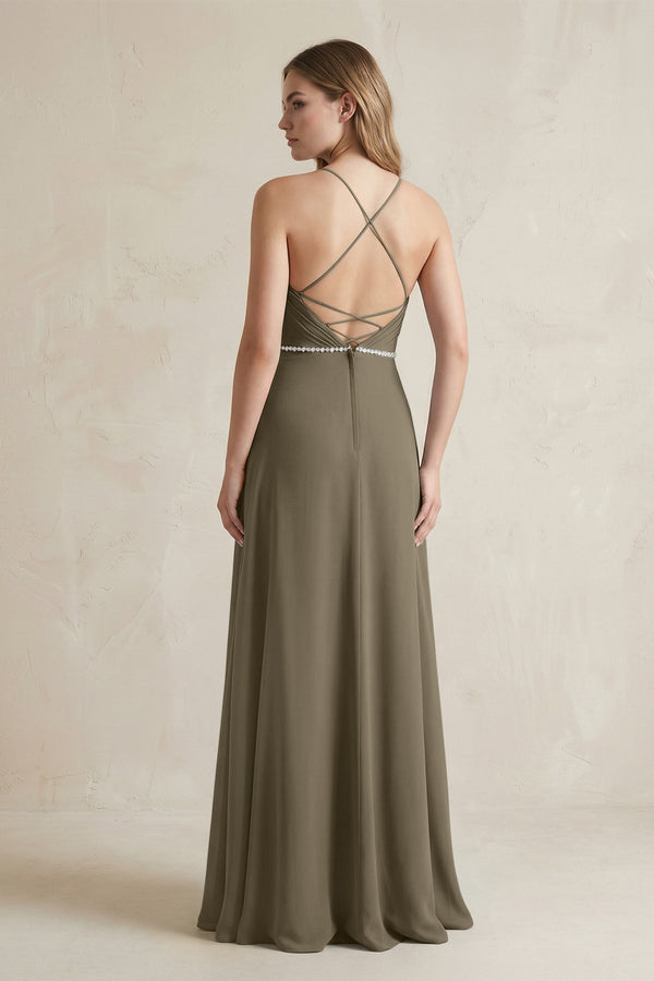 Chiffon A - Line Ruched Cami Strap Bridesmaid Dress in Willow Green - KissProm Bridesmaid Dresses