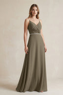 Chiffon A - Line Ruched Cami Strap Bridesmaid Dress in Willow Green - KissProm Bridesmaid Dresses