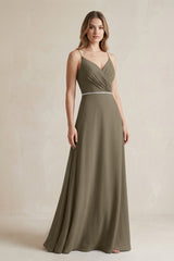 Chiffon A - Line Ruched Cami Strap Bridesmaid Dress in Willow Green - KissProm Bridesmaid Dresses