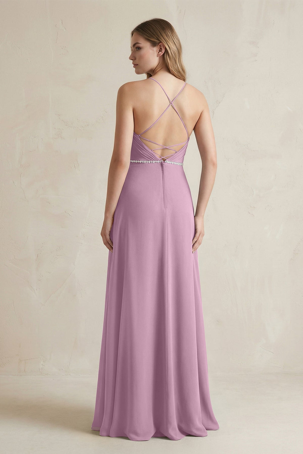 Chiffon A - Line Ruched Cami Strap Bridesmaid Dress in Wisteria - KissProm Bridesmaid Dresses