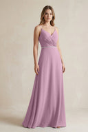 Chiffon A - Line Ruched Cami Strap Bridesmaid Dress in Wisteria - KissProm Bridesmaid Dresses