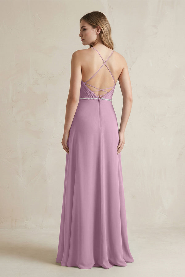 Chiffon A - Line Ruched Cami Strap Bridesmaid Dress in Wisteria - KissProm Bridesmaid Dresses