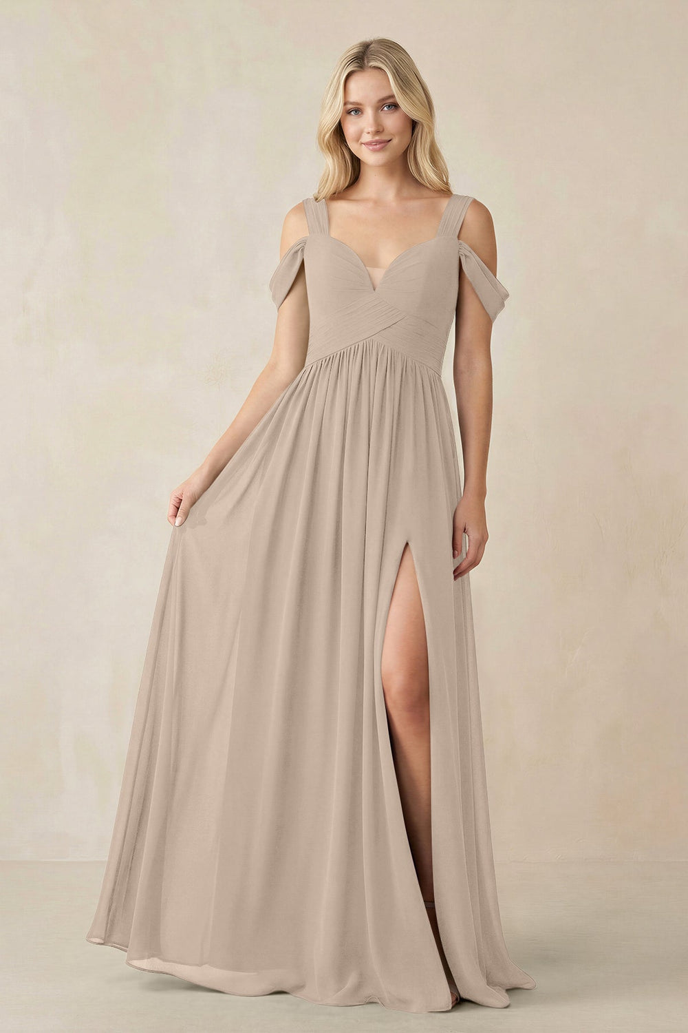 Chiffon A-Line Bridesmaid Dress with Slit  in Almond - KissProm BRIDESMAID DRESSES