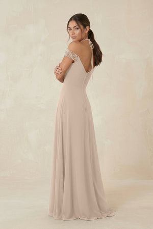A-Line Off-the-Shoulder Chiffon Bridesmaid Dress in Almond - KissProm BRIDESMAID DRESSES