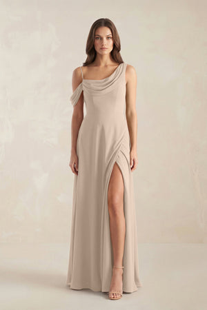 One-Shoulder Chiffon A-Line Bridesmaid Dress in Almond - KissProm BRIDESMAID DRESSES