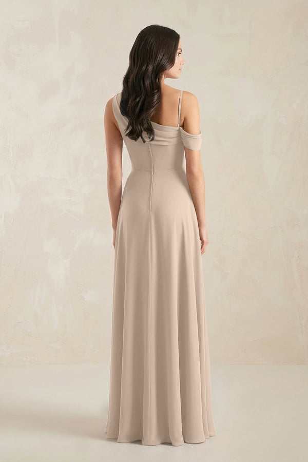 One-Shoulder Chiffon A-Line Bridesmaid Dress in Almond - KissProm BRIDESMAID DRESSES