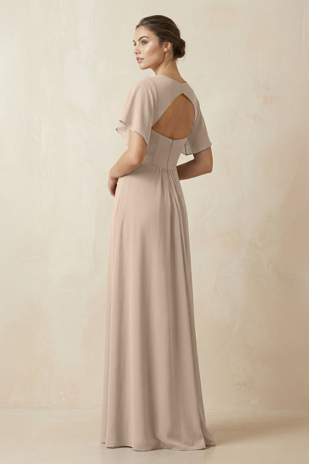 Short Sleeve V-Neck Chiffon A-Line Bridesmaid Dress in Almond - KissProm BRIDESMAID DRESSES