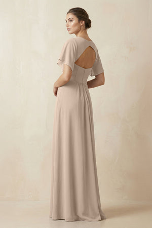 Short Sleeve V-Neck Chiffon A-Line Bridesmaid Dress in Almond - KissProm BRIDESMAID DRESSES