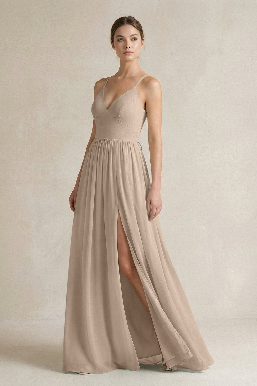 A-Line Spaghetti Strap Chiffon Bridesmaid Dress in Almond - KissProm BRIDESMAID DRESSES