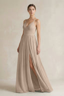 A-Line Spaghetti Strap Chiffon Bridesmaid Dress in Almond - KissProm BRIDESMAID DRESSES