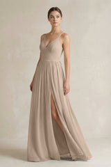 A-Line Spaghetti Strap Chiffon Bridesmaid Dress in Almond - KissProm BRIDESMAID DRESSES
