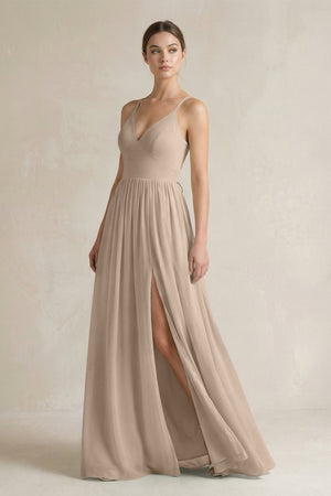 A-Line Spaghetti Strap Chiffon Bridesmaid Dress in Almond - KissProm BRIDESMAID DRESSES