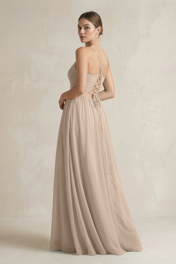A-Line Spaghetti Strap Chiffon Bridesmaid Dress in Almond - KissProm BRIDESMAID DRESSES