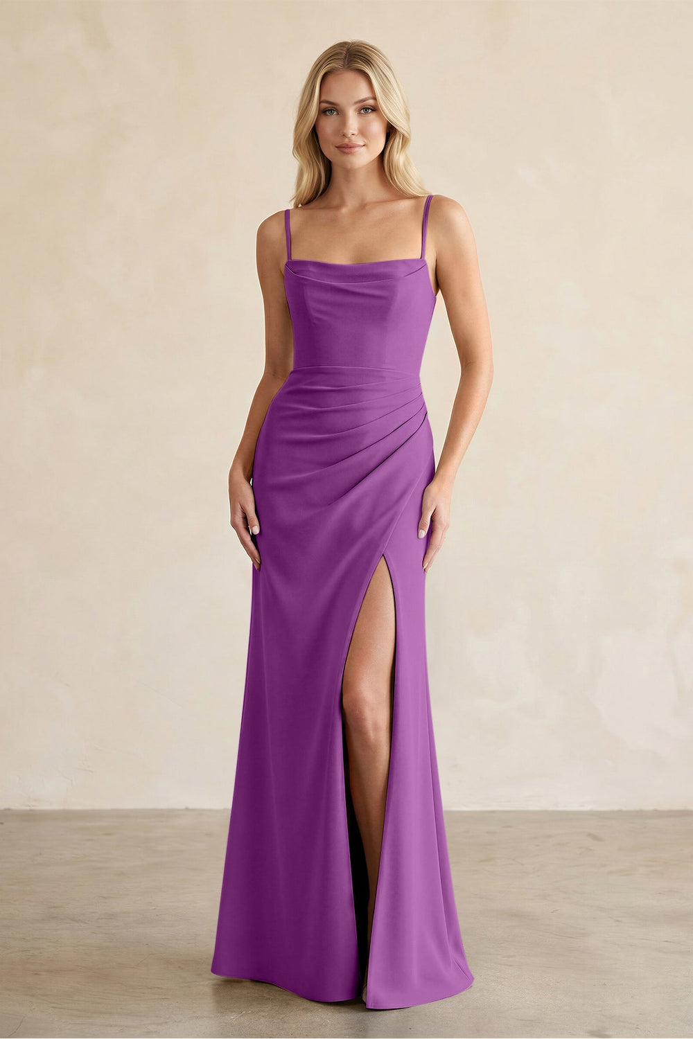 Cami Strap Chiffon Sheath Bridesmaid Dress with Slit in Amethyst - KissProm BRIDESMAID DRESSES