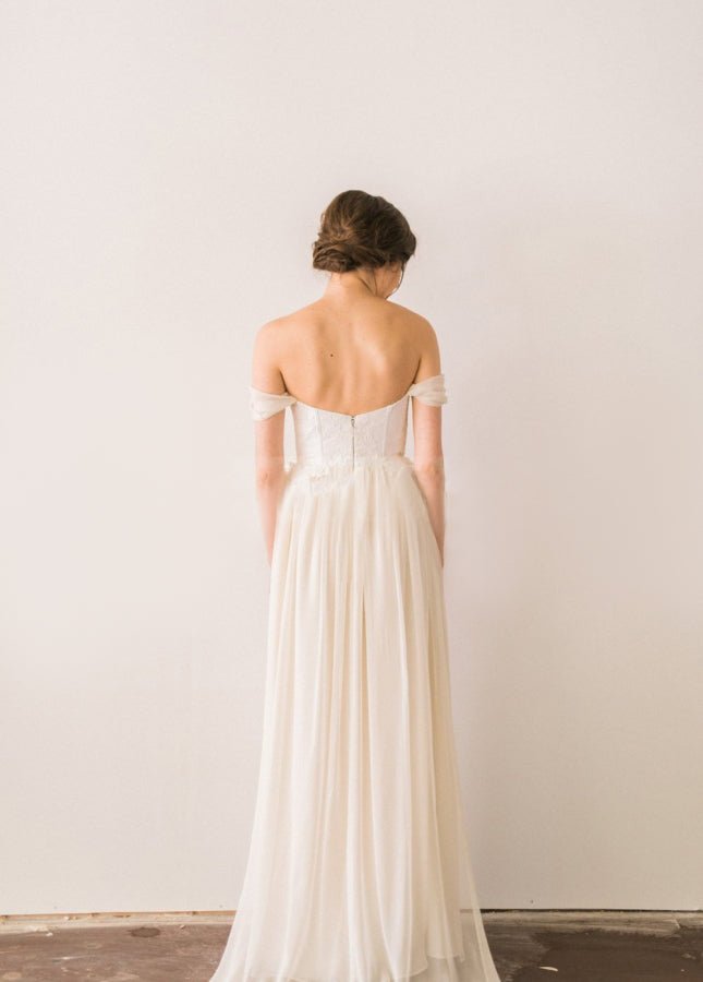 Chiffon  A-line Off-the-Shoulder Backless Beach Wedding Dress with Lace Bodice