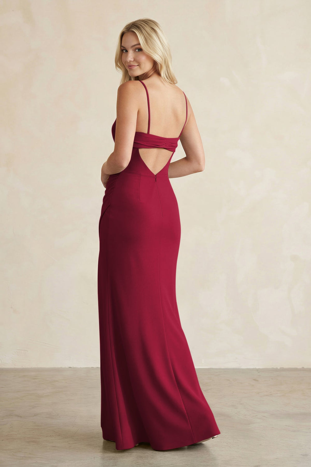 Cami Strap Chiffon Sheath Bridesmaid Dress with Slit in Berry - KissProm BRIDESMAID DRESSES