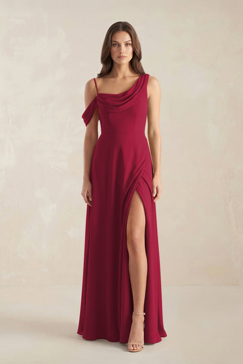 One-Shoulder Chiffon A-Line Bridesmaid Dress in Berry - KissProm BRIDESMAID DRESSES