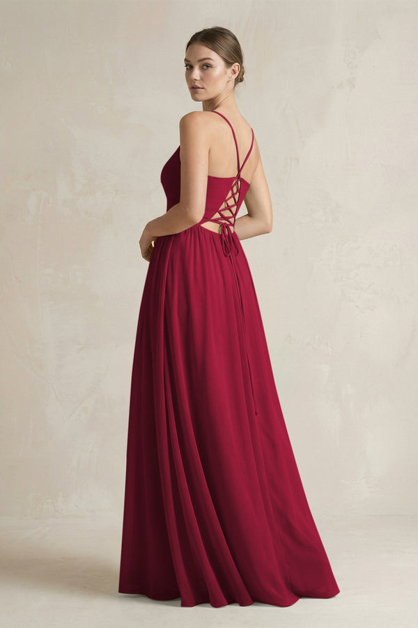 KissProm A-Line Spaghetti Strap Chiffon Bridesmaid Dress in Berry, Berry / 6