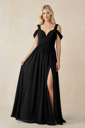 Chiffon A-Line Bridesmaid Dress with Slit  in Black - KissProm BRIDESMAID DRESSES