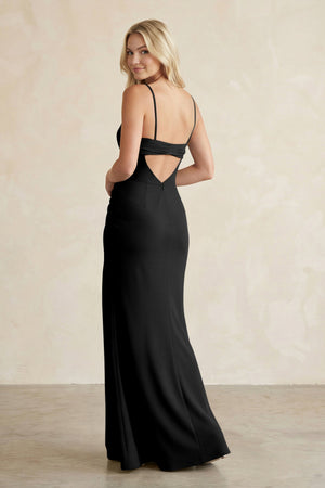 Cami Strap Chiffon Sheath Bridesmaid Dress with Slit in Black - KissProm BRIDESMAID DRESSES