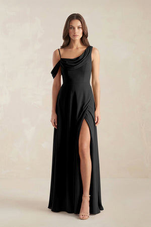One-Shoulder Chiffon A-Line Bridesmaid Dress in Black - KissProm BRIDESMAID DRESSES