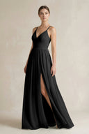 A-Line Spaghetti Strap Chiffon Bridesmaid Dress in Black - KissProm BRIDESMAID DRESSES