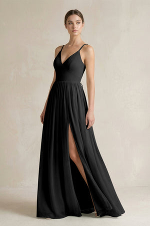 A-Line Spaghetti Strap Chiffon Bridesmaid Dress in Black - KissProm BRIDESMAID DRESSES