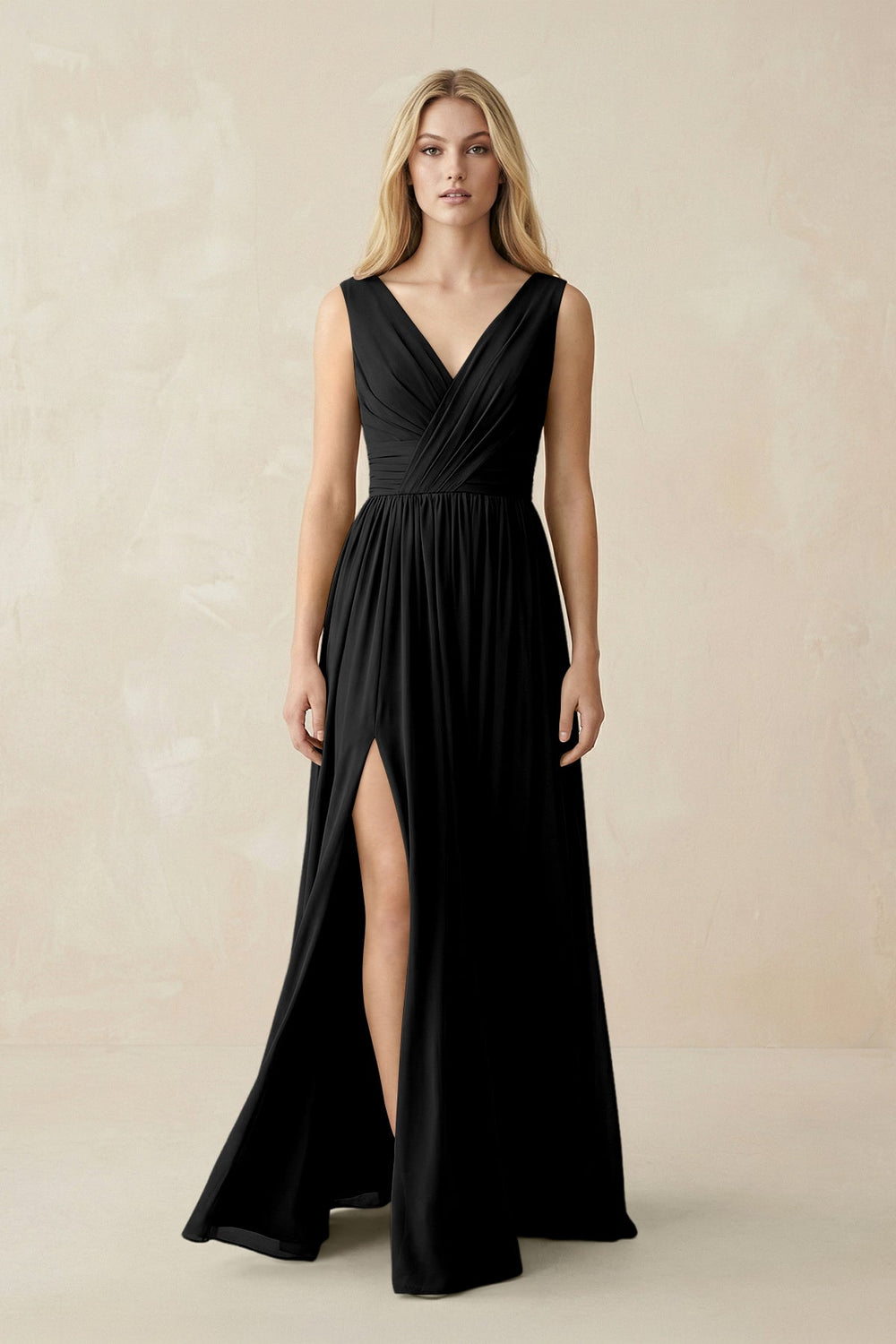 V-Neck Chiffon Pleated A-Line Bridesmaid Dress in Black - KissProm BRIDESMAID DRESSES
