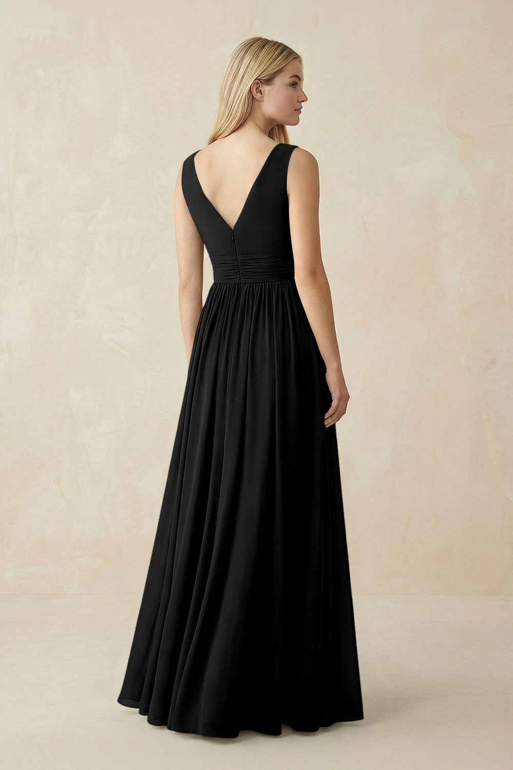 V-Neck Chiffon Pleated A-Line Bridesmaid Dress in Black - KissProm BRIDESMAID DRESSES