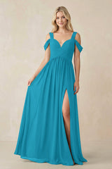 Chiffon A-Line Bridesmaid Dress with Slit  in Blue Jay - KissProm BRIDESMAID DRESSES
