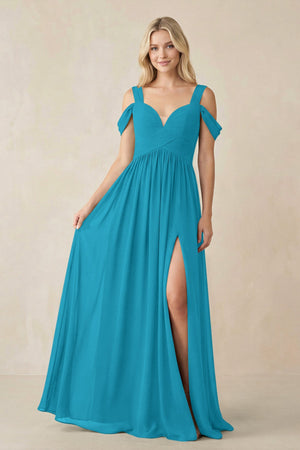 Chiffon A-Line Bridesmaid Dress with Slit  in Blue Jay - KissProm BRIDESMAID DRESSES
