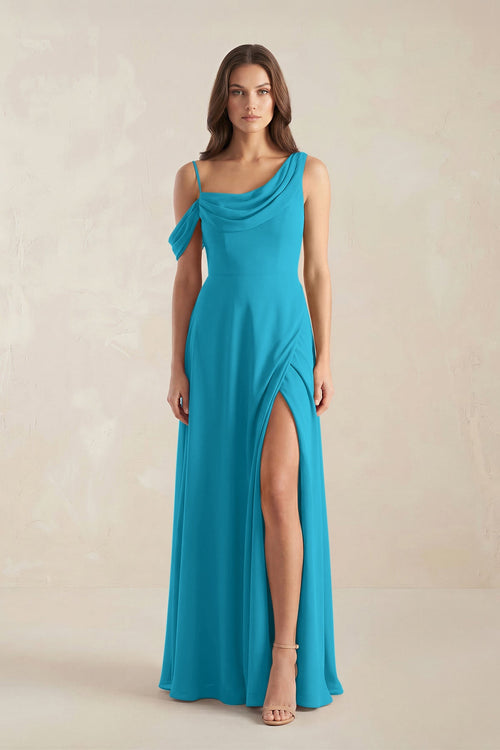 One-Shoulder Chiffon A-Line Bridesmaid Dress in Blue Jay - KissProm BRIDESMAID DRESSES